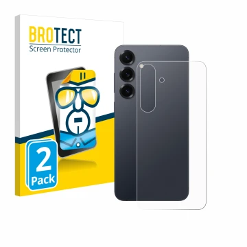 Vorderseite einer Produktverpackung mit dem Markenlogo BROTECT. Daneben ist das Gerät Samsung Galaxy S25 Plus (Rückseite) mit 