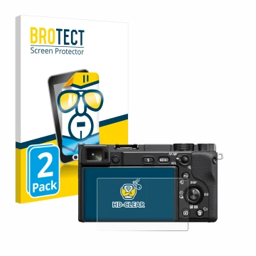 Vorderseite einer Produktverpackung mit dem Markenlogo BROTECT. Daneben ist das Gerät Sony Alpha 6100A mit dem zugehörigen Dis