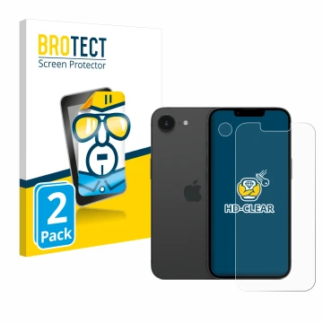 Vorderseite einer Produktverpackung mit dem Markenlogo BROTECT. Daneben ist das Gerät Apple iPhone 16e (Display+Kamera) mit de