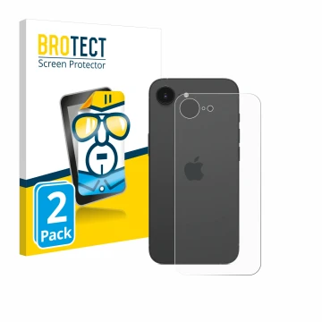 Vorderseite einer Produktverpackung mit dem Markenlogo BROTECT. Daneben ist das Gerät Apple iPhone 16e (Rückseite) mit dem zug