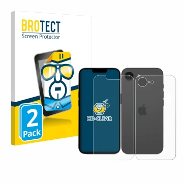 Vorderseite einer Produktverpackung mit dem Markenlogo BROTECT. Daneben ist das Gerät Apple iPhone 16e (Display+Rückseite) mit