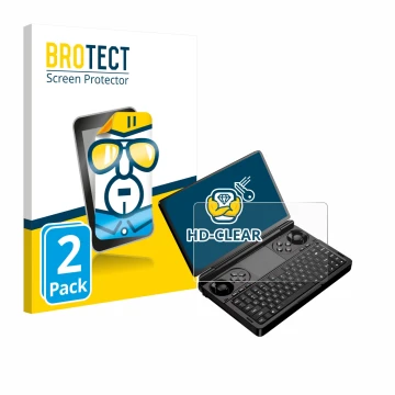 Vorderseite einer Produktverpackung mit dem Markenlogo BROTECT. Daneben ist das Gerät GPD Win Mini (2025) mit dem zugehörigen 