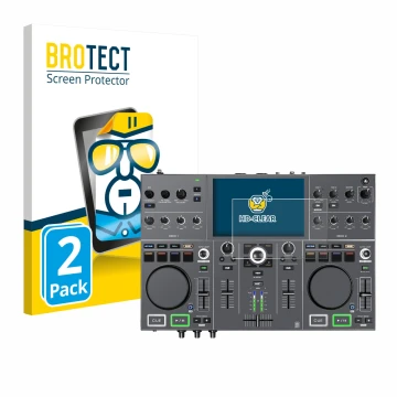 Vorderseite einer Produktverpackung mit dem Markenlogo BROTECT. Daneben ist das Gerät Denon DJ Prime Go+ mit dem zugehörigen D