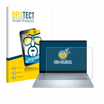 Vorderseite einer Produktverpackung mit dem Markenlogo BROTECT. Daneben ist das Gerät Dell 14 Plus 2-in-1 mit dem zugehörigen 