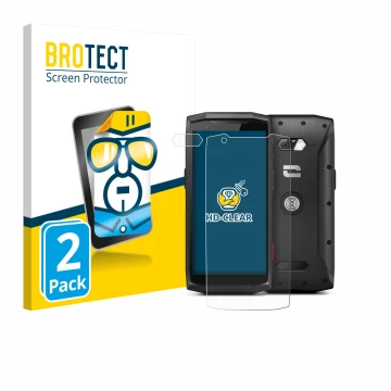 Vorderseite einer Produktverpackung mit dem Markenlogo BROTECT. Daneben ist das Gerät Crosscall Core-M5 (Display+Kamera) mit d