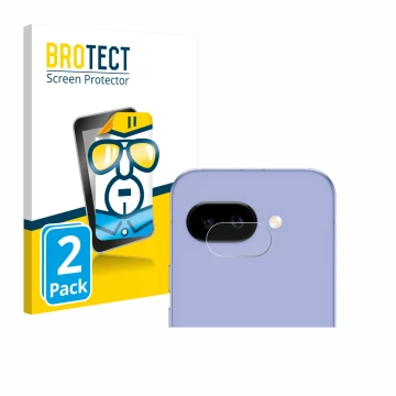 Vorderseite einer Produktverpackung mit dem Markenlogo BROTECT. Daneben ist das Gerät Google Pixel 9a (NUR Kameraschutz) mit d