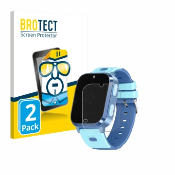 Vorderseite einer Produktverpackung mit dem Markenlogo BROTECT. Daneben ist das Gerät Noctiluxia 4G Kids Smartwatch mit dem zu