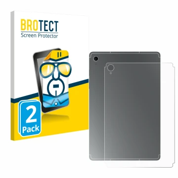 Vorderseite einer Produktverpackung mit dem Markenlogo BROTECT. Daneben ist das Gerät Samsung Galaxy Tab S10 FE (Rückseite) mi