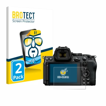 Vorderseite einer Produktverpackung mit dem Markenlogo BROTECT. Daneben ist das Gerät Nikon Z5 II mit dem zugehörigen Displays