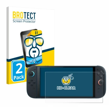 Vorderseite einer Produktverpackung mit dem Markenlogo BROTECT. Daneben ist das Gerät Nintendo Switch 2 mit dem zugehörigen Di