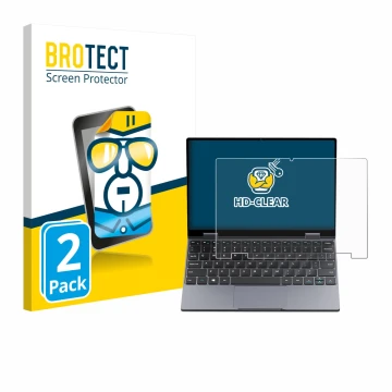 Vorderseite einer Produktverpackung mit dem Markenlogo BROTECT. Daneben ist das Gerät Chuwi MiniBook X N150 mit dem zugehörige