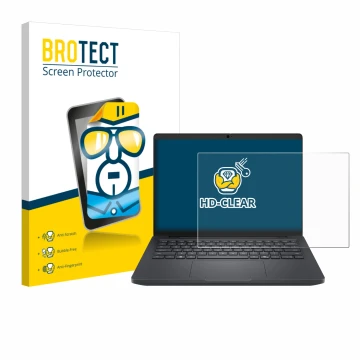 Vorderseite einer Produktverpackung mit dem Markenlogo BROTECT. Daneben ist das Gerät Dell Pro Max 14 mit dem zugehörigen Disp