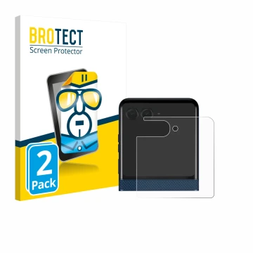 Vorderseite einer Produktverpackung mit dem Markenlogo BROTECT. Daneben ist das Gerät Motorola Razr 60 (Hinteres Display) mit 