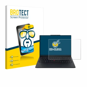 Vorderseite einer Produktverpackung mit dem Markenlogo BROTECT. Daneben ist das Gerät Lenovo ThinkPad E14 Gen 7 mit dem zugehö