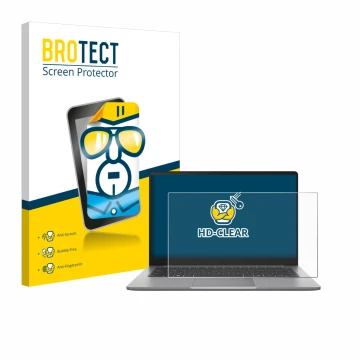 Vorderseite einer Produktverpackung mit dem Markenlogo BROTECT. Daneben ist das Gerät ASUS ExpertBook P1 P1403 mit dem zugehör