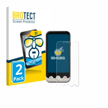 Vorderseite einer Produktverpackung mit dem Markenlogo BROTECT. Daneben ist das Gerät Doro Aurora A10 mit dem zugehörigen Disp