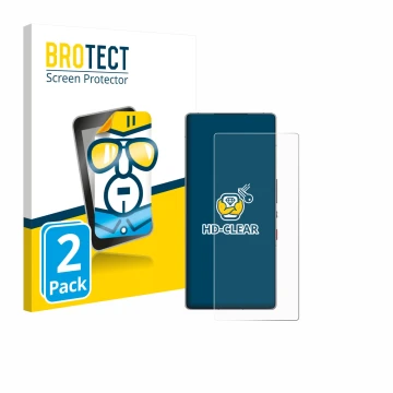 Vorderseite einer Produktverpackung mit dem Markenlogo BROTECT. Daneben ist das Gerät ZTE Nubia Red Magic 10S Pro mit dem zuge