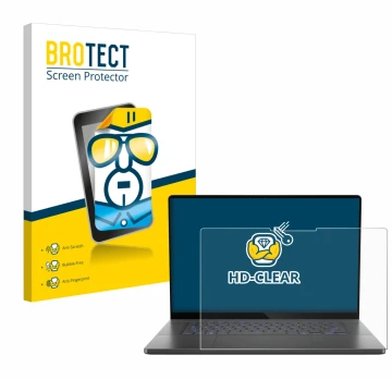 Vorderseite einer Produktverpackung mit dem Markenlogo BROTECT. Daneben ist das Gerät ASUS ROG Zephyrus G16 2025 mit dem zugeh