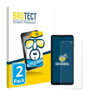 Vorderseite einer Produktverpackung mit dem Markenlogo BROTECT. Daneben ist das Gerät Sharp Aquos Sense 8 mit dem zugehörigen 