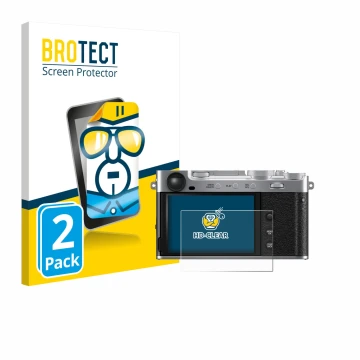 Vorderseite einer Produktverpackung mit dem Markenlogo BROTECT. Daneben ist das Gerät Fujifilm X-E5 mit dem zugehörigen Displa
