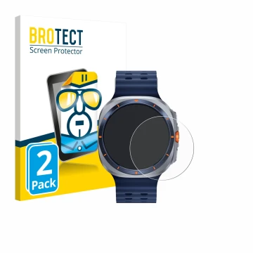 Vorderseite einer Produktverpackung mit dem Markenlogo BROTECT. Daneben ist das Gerät Samsung Galaxy Watch Ultra 2 (47 mm) mit