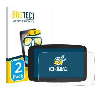 Vorderseite einer Produktverpackung mit dem Markenlogo BROTECT. Daneben ist das Gerät TomTom GO Camper Tour mit dem zugehörige