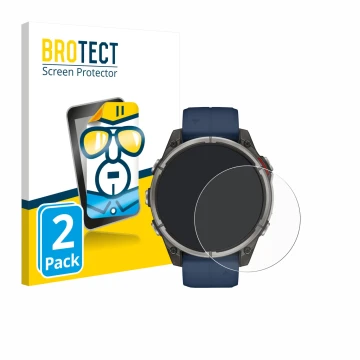 Vorderseite einer Produktverpackung mit dem Markenlogo BROTECT. Daneben ist das Gerät Garmin quatix 8 (47 mm) mit dem zugehöri