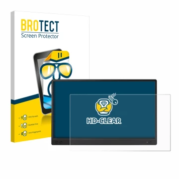 Vorderseite einer Produktverpackung mit dem Markenlogo BROTECT. Daneben ist das Gerät ASUS ZenScreen MB166C mit dem zugehörige