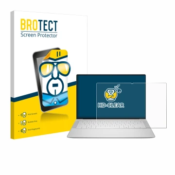 Vorderseite einer Produktverpackung mit dem Markenlogo BROTECT. Daneben ist das Gerät Dell 14 Premium Laptop mit dem zugehörig