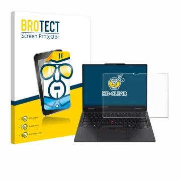 Vorderseite einer Produktverpackung mit dem Markenlogo BROTECT. Daneben ist das Gerät Lenovo ThinkPad T14s 2-in-1 mit dem zuge