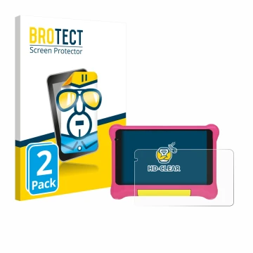 Vorderseite einer Produktverpackung mit dem Markenlogo BROTECT. Daneben ist das Gerät Happybe Kids Tablet 7