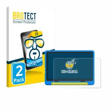 Vorderseite einer Produktverpackung mit dem Markenlogo BROTECT. Daneben ist das Gerät Happybe Kids Tablet 10