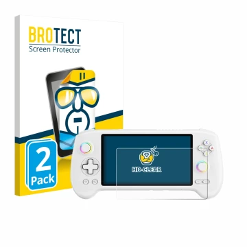 Vorderseite einer Produktverpackung mit dem Markenlogo BROTECT. Daneben ist das Gerät Anbernic RG557 mit dem zugehörigen Displ