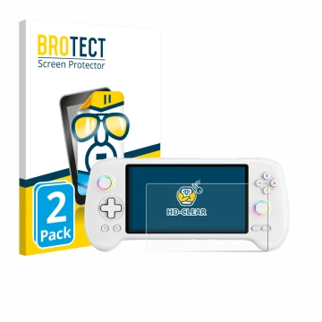 Vorderseite einer Produktverpackung mit dem Markenlogo BROTECT. Daneben ist das Gerät Anbernic RG556 mit dem zugehörigen Displ