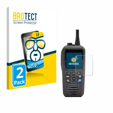 Vorderseite einer Produktverpackung mit dem Markenlogo BROTECT. Daneben ist das Gerät Icom IC-M94D mit dem zugehörigen Display