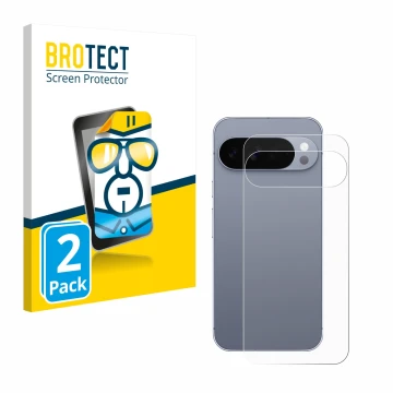 Vorderseite einer Produktverpackung mit dem Markenlogo BROTECT. Daneben ist das Gerät Google Pixel 10 Pro XL (Rückseite) mit d