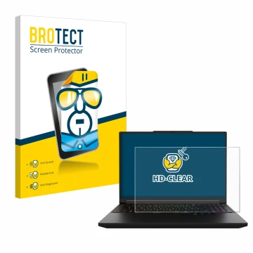 Vorderseite einer Produktverpackung mit dem Markenlogo BROTECT. Daneben ist das Gerät XMG Pro 16 mit dem zugehörigen Displaysc