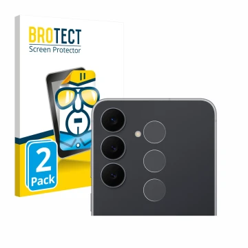 Vorderseite einer Produktverpackung mit dem Markenlogo BROTECT. Daneben ist das Gerät Samsung Galaxy S25 FE (NUR Kameraschutz)