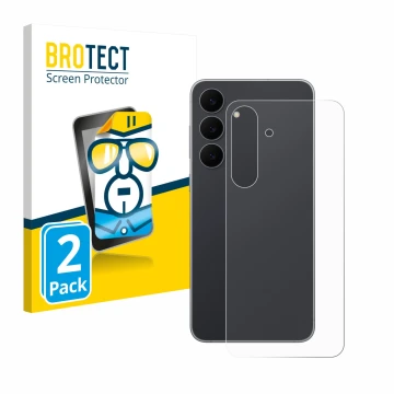 Vorderseite einer Produktverpackung mit dem Markenlogo BROTECT. Daneben ist das Gerät Samsung Galaxy S25 FE (Rückseite) mit de