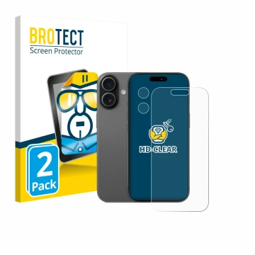 Vorderseite einer Produktverpackung mit dem Markenlogo BROTECT. Daneben ist das Gerät Apple iPhone 17 (Display+Kamera) mit dem