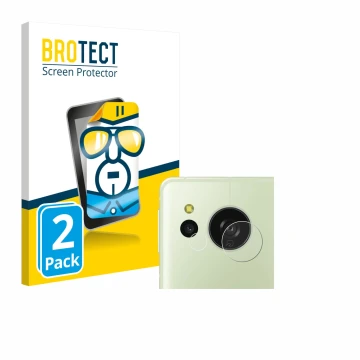 Vorderseite einer Produktverpackung mit dem Markenlogo BROTECT. Daneben ist das Gerät Sharp Aquos Sense 8 (NUR Kamera) mit dem