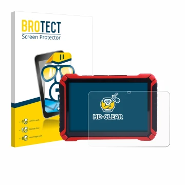 Vorderseite einer Produktverpackung mit dem Markenlogo BROTECT. Daneben ist das Gerät Launch X-431 Pad IX mit dem zugehörigen 