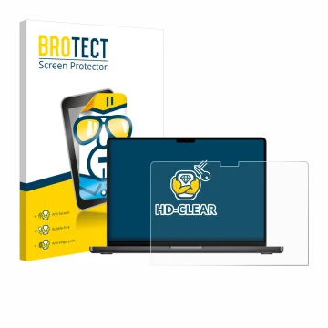 Vorderseite einer Produktverpackung mit dem Markenlogo BROTECT. Daneben ist das Gerät Apple MacBook Pro 14