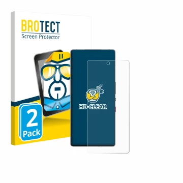 Vorderseite einer Produktverpackung mit dem Markenlogo BROTECT. Daneben ist das Gerät ZTE Nubia Red Magic 11 Pro Plus mit dem 