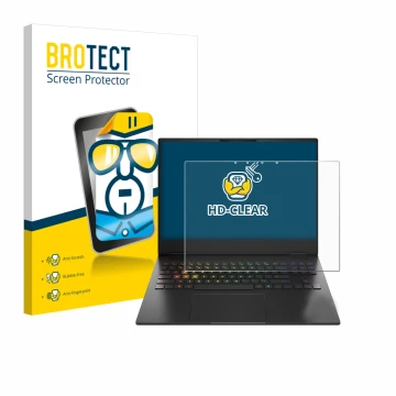 Vorderseite einer Produktverpackung mit dem Markenlogo BROTECT. Daneben ist das Gerät HP Omen Transcend 16-u1000nl mit dem zug