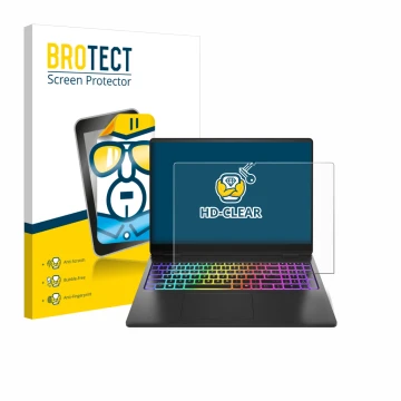 Vorderseite einer Produktverpackung mit dem Markenlogo BROTECT. Daneben ist das Gerät HP Omen Max 16 mit dem zugehörigen Displ