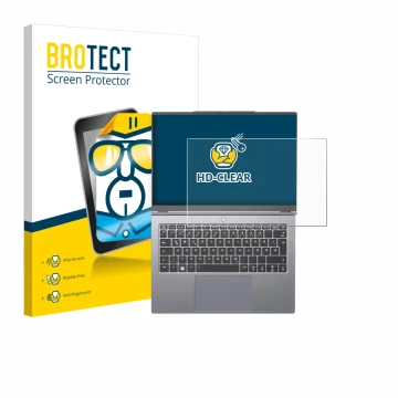 Vorderseite einer Produktverpackung mit dem Markenlogo BROTECT. Daneben ist das Gerät Tuxedo InfinityBook Pro 14 Gen 10 mit de
