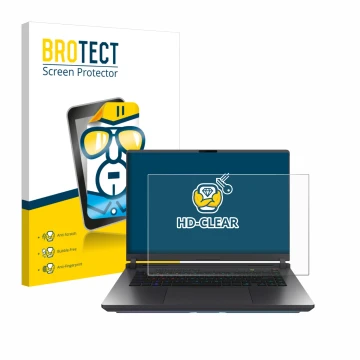 Vorderseite einer Produktverpackung mit dem Markenlogo BROTECT. Daneben ist das Gerät ASUS ROG Strix G16 2025 mit dem zugehöri