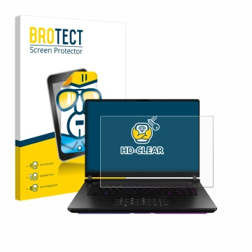 Vorderseite einer Produktverpackung mit dem Markenlogo BROTECT. Daneben ist das Gerät ASUS ROG Strix SCAR 18 2025 mit dem zuge