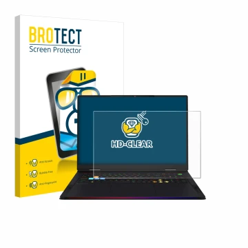 Vorderseite einer Produktverpackung mit dem Markenlogo BROTECT. Daneben ist das Gerät MSI Raider A18 HX mit dem zugehörigen Di